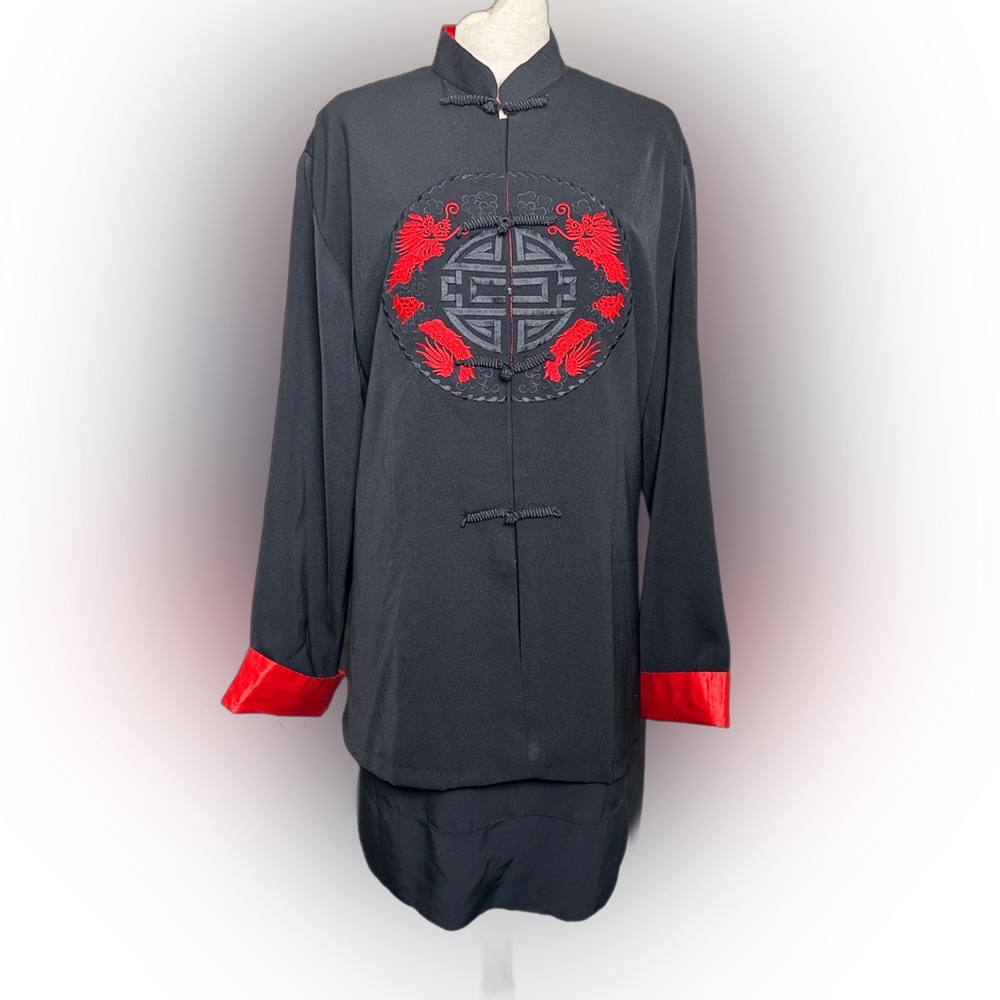 Japanese black silk kimono with red dragon and lining L